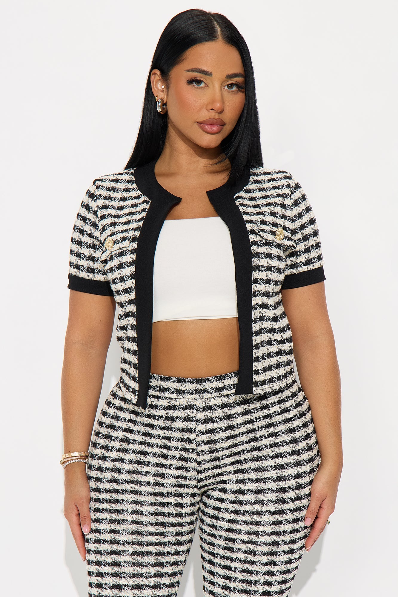 Delanie Short Sleeve Knit Tweed Pant Set - Black/White 