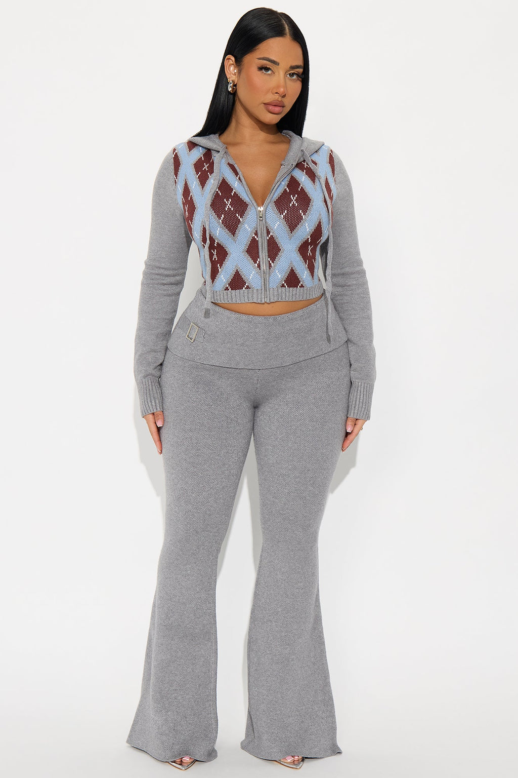Isabella Fold Over Waist Pant Set - Grey 