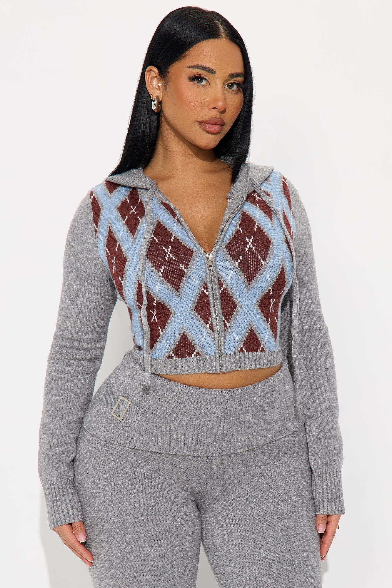 Isabella Fold Over Waist Pant Set - Grey 