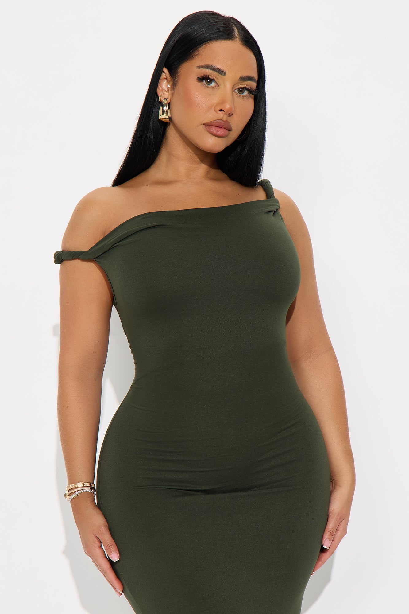Cassie Off Shoulder Midi Dress - Olive