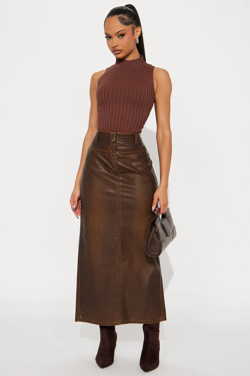 Bad To The Bone Washed Faux Leather Maxi Skirt - Brown 