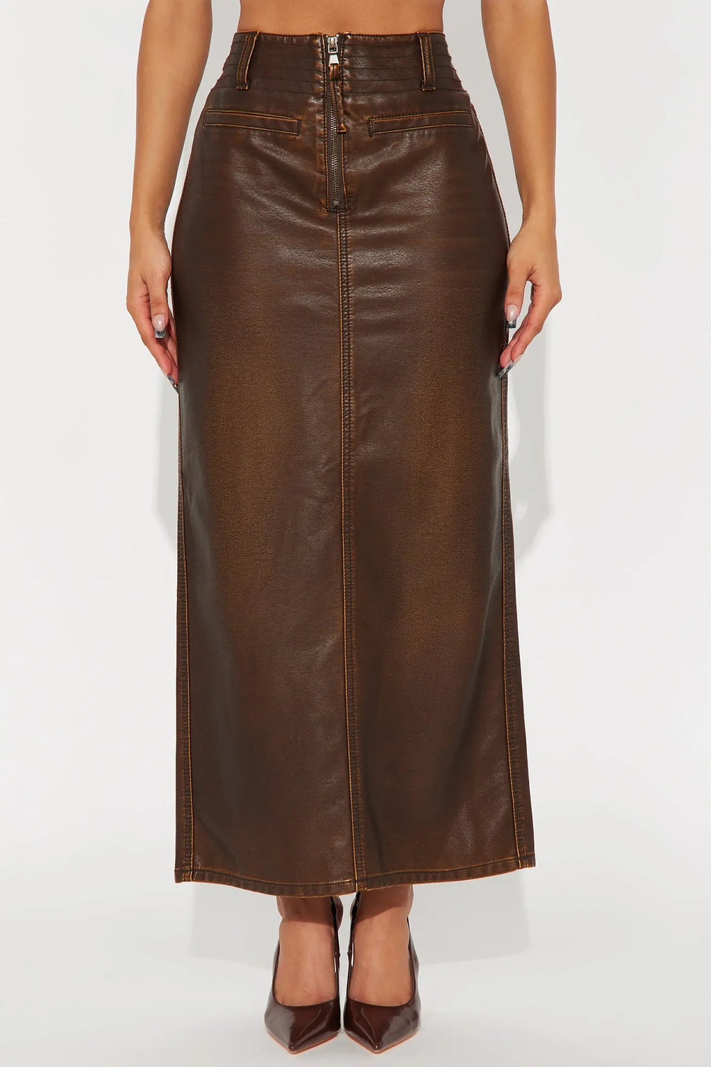Bad To The Bone Washed Faux Leather Maxi Skirt - Brown 