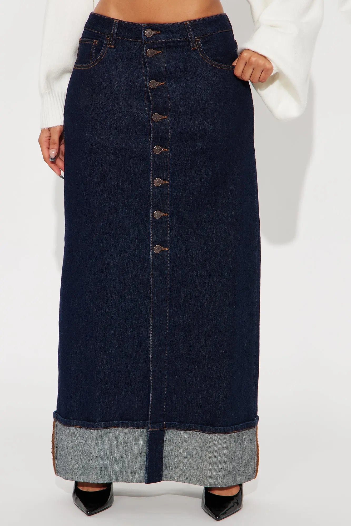 Loulou Mid Rise Denim Cuffed Hem Ankle Maxi Skirt - Rinse Blue Wash 