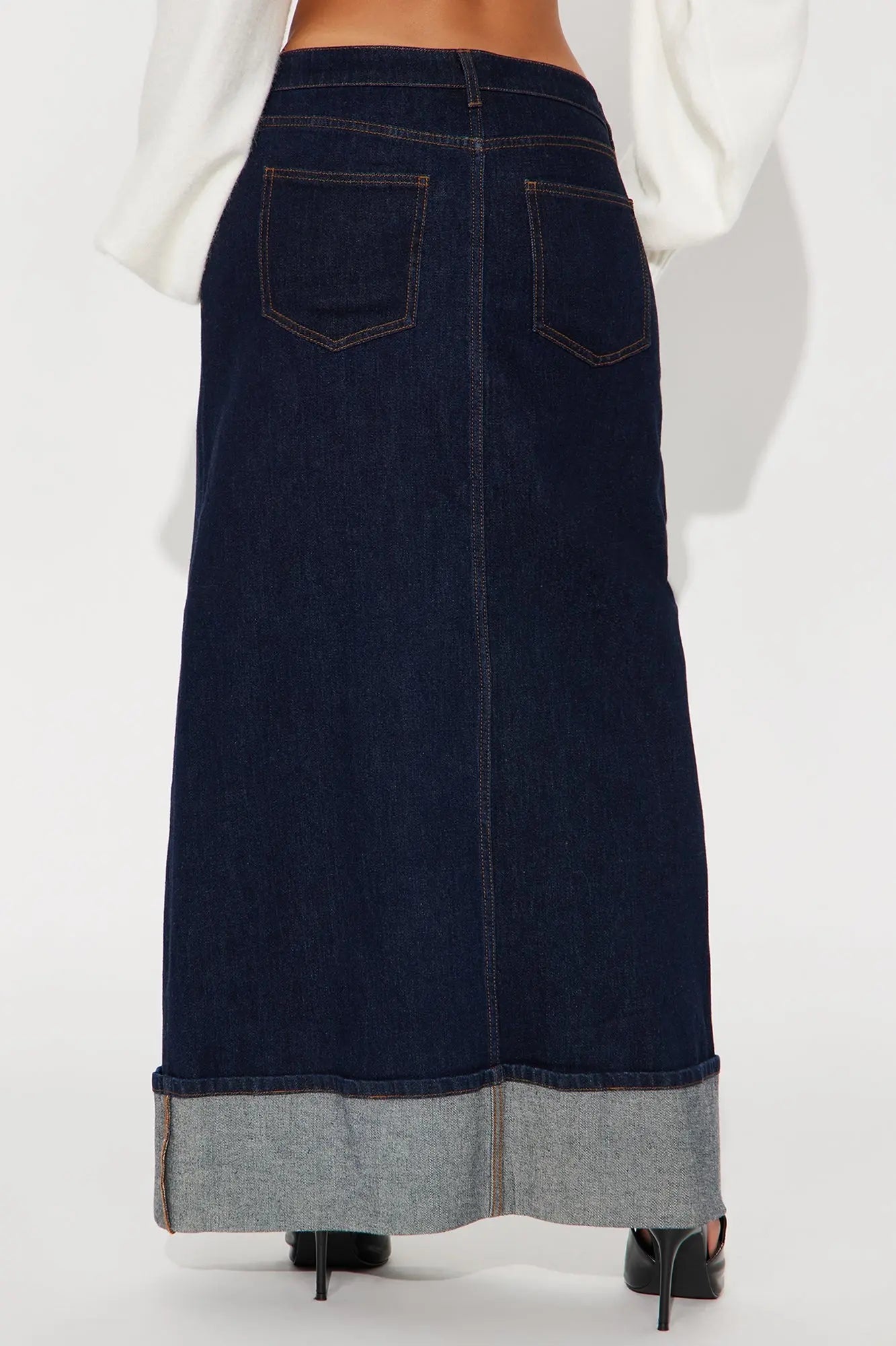 Loulou Mid Rise Denim Cuffed Hem Ankle Maxi Skirt - Rinse Blue Wash 