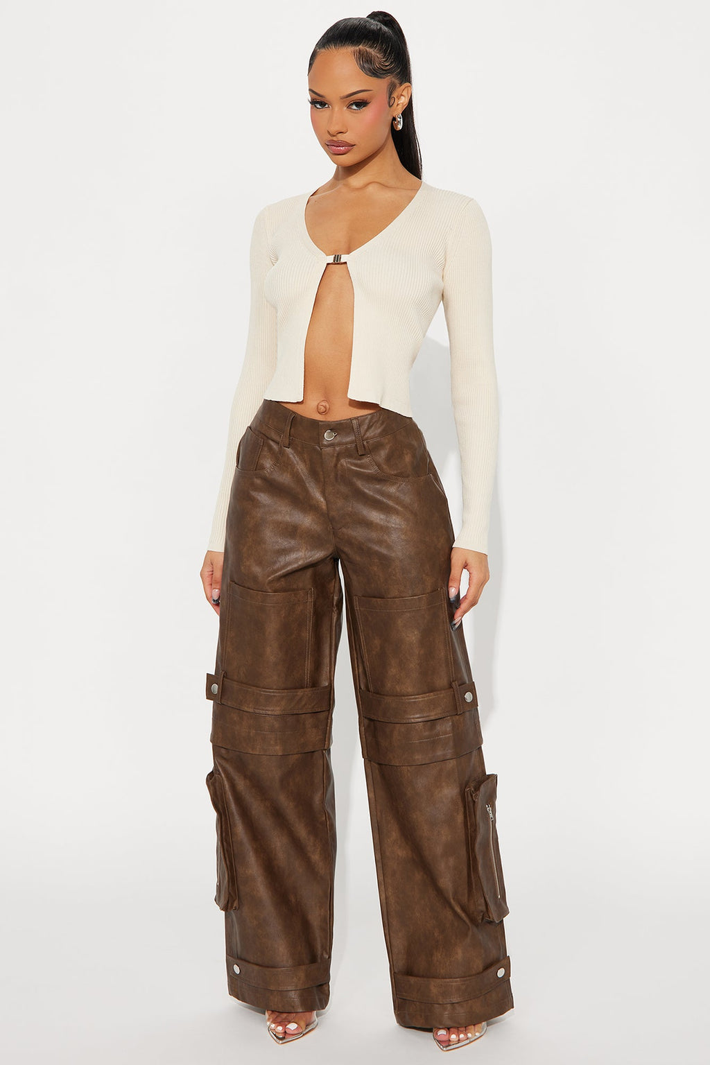 Street Heat Washed Faux Leather Cargo Pant - Brown
