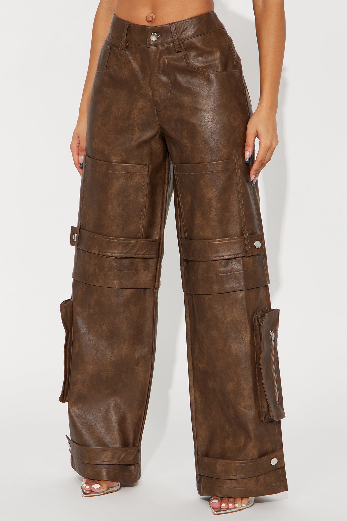 Street Heat Washed Faux Leather Cargo Pant - Brown