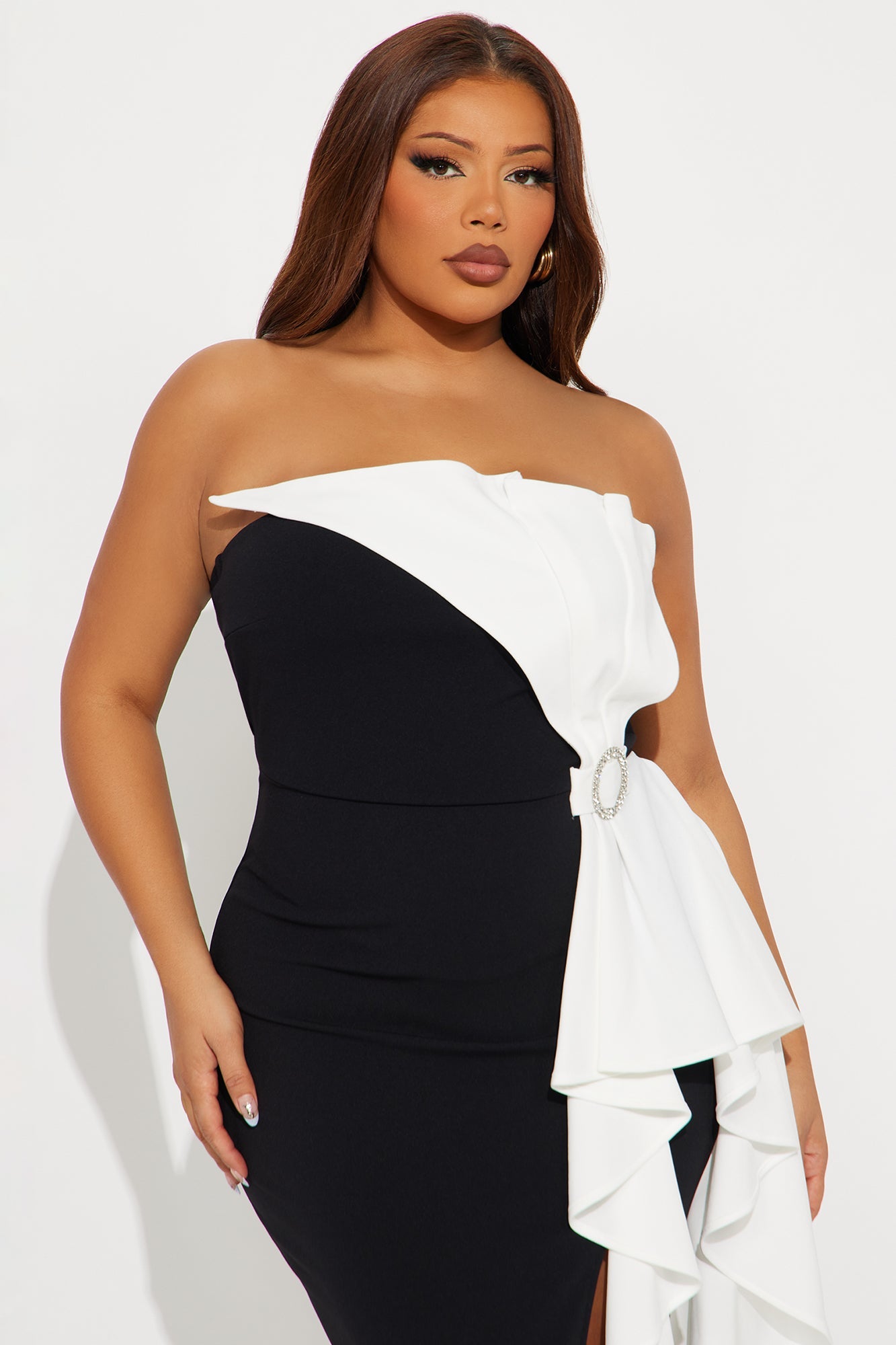 Corrine Contrast Ruffle Midi Dress - Black/White