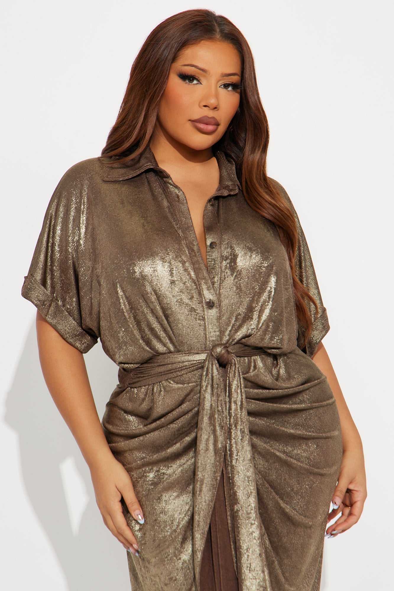 Kenny Short Sleeve Metallic Midi Dress - Bronze