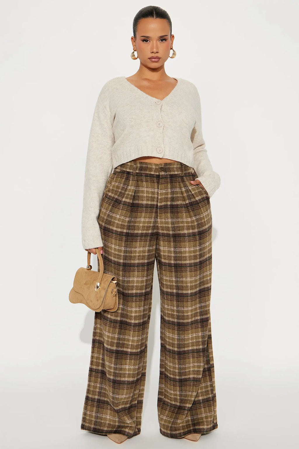 Out Your League Plaid Wide Leg Pant 33″ - Brown/combo 