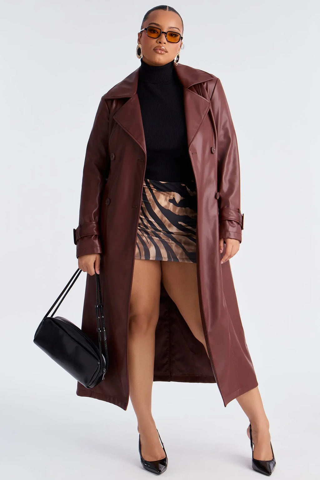 Power Moves Faux Leather Trench - Chocolate 