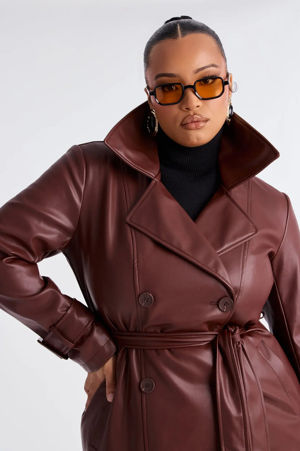 Power Moves Faux Leather Trench - Chocolate 