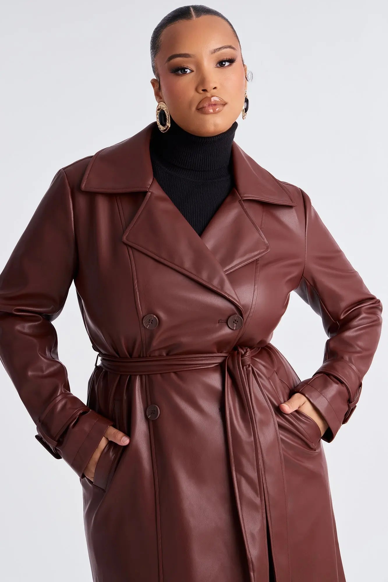 Power Moves Faux Leather Trench - Chocolate 