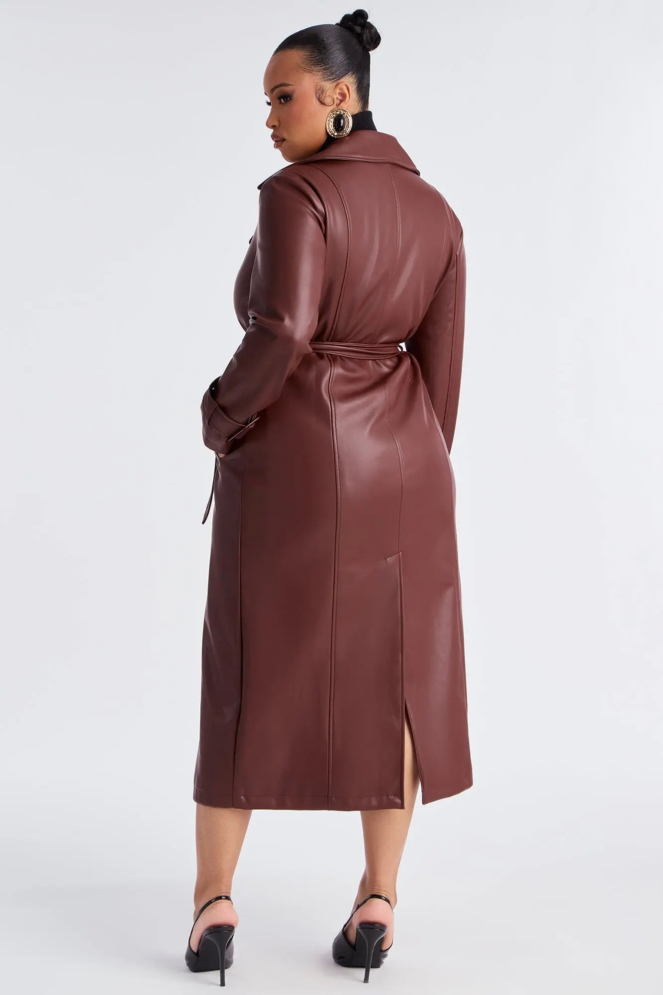 Power Moves Faux Leather Trench - Chocolate 