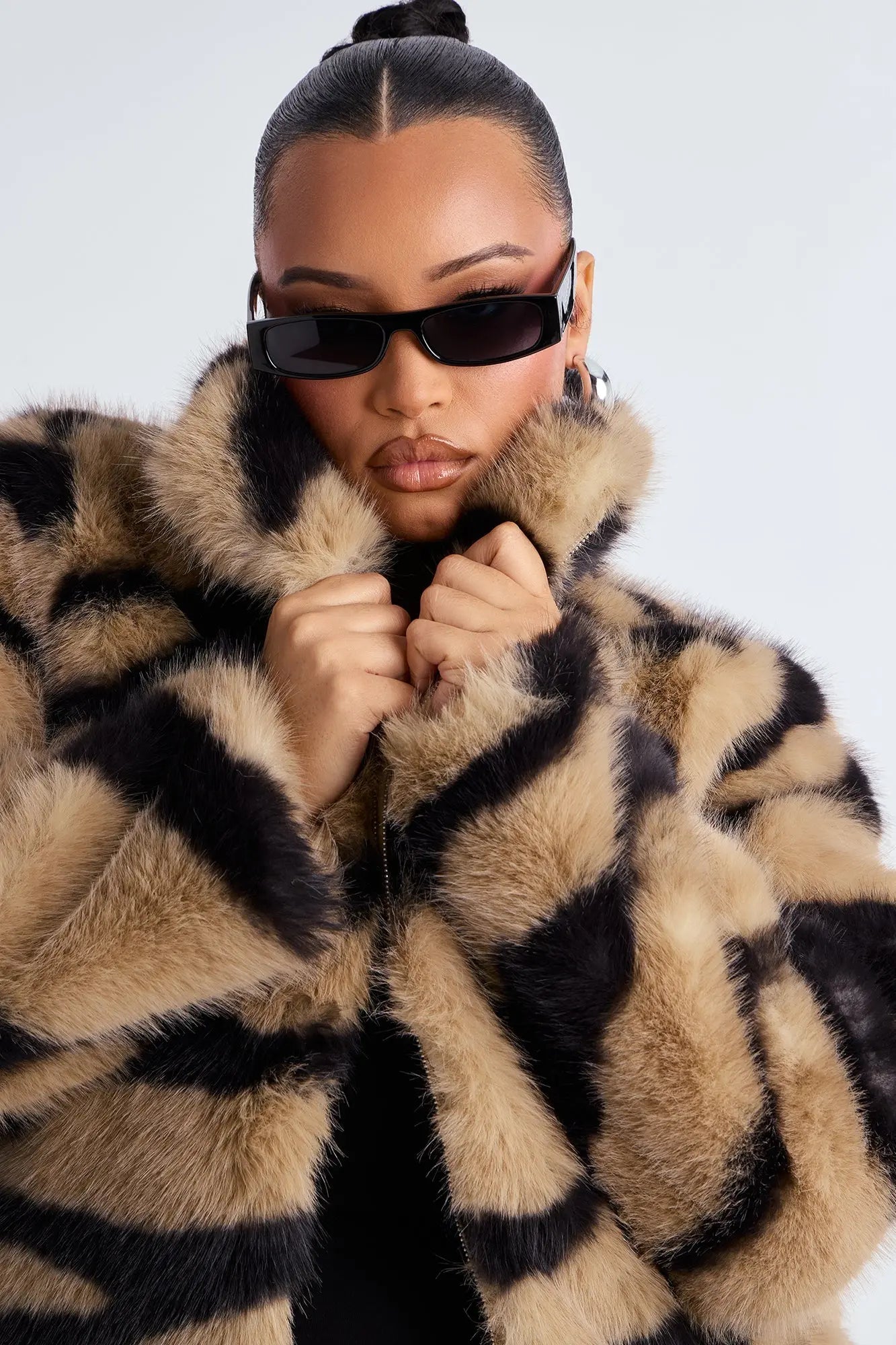 Savanna Whisper Faux Fur Animal Print Coat - Taupe/combo 