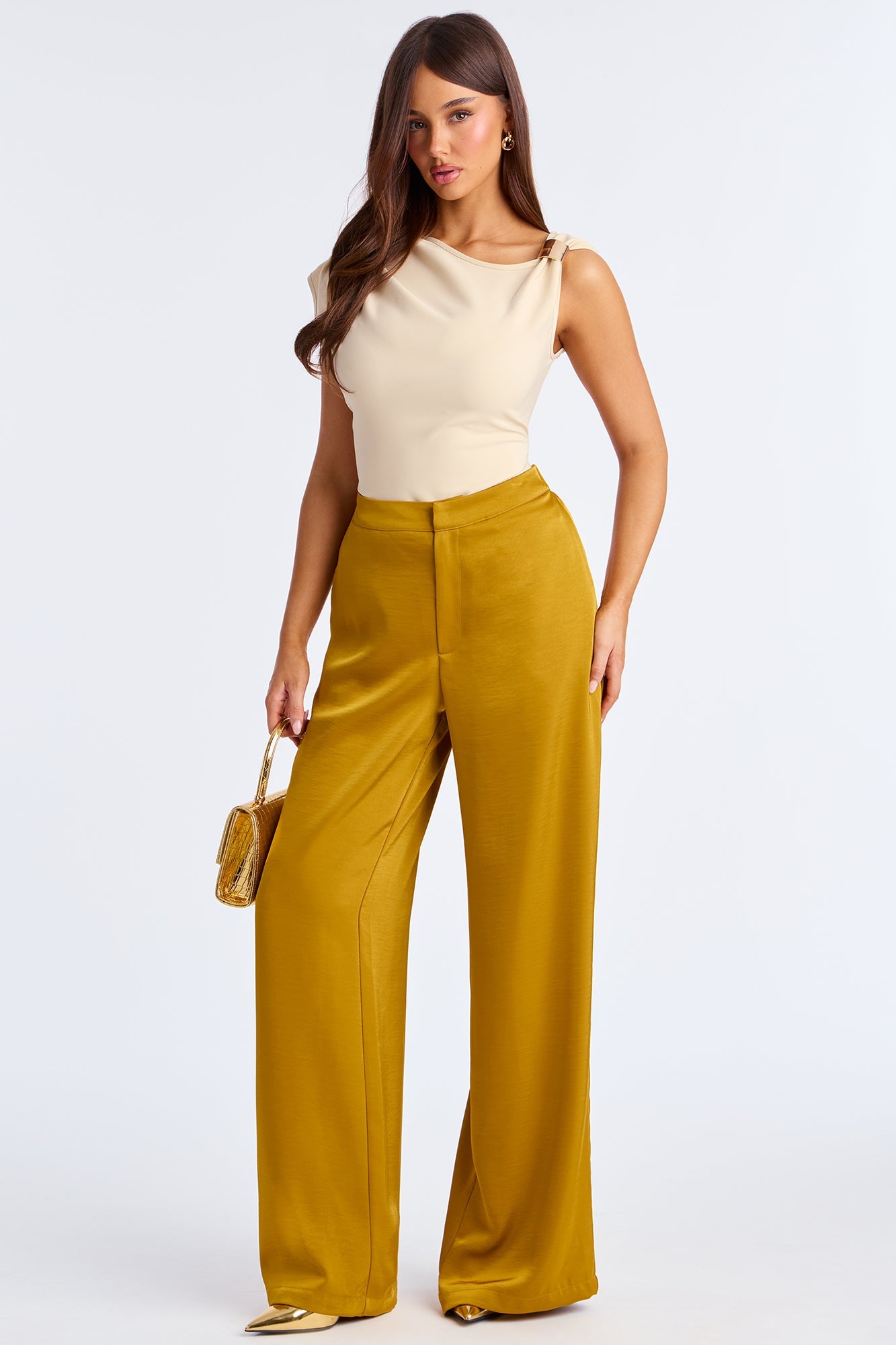 Denise Satin Wide Leg Trouser Pant - Mustard 