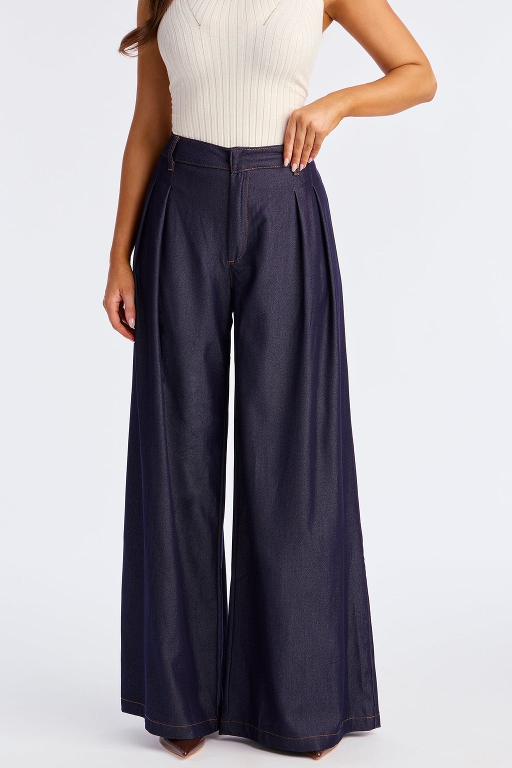 Amiah High Rise Chambray Wide Leg Pant 33 - Rinse Blue Wash 