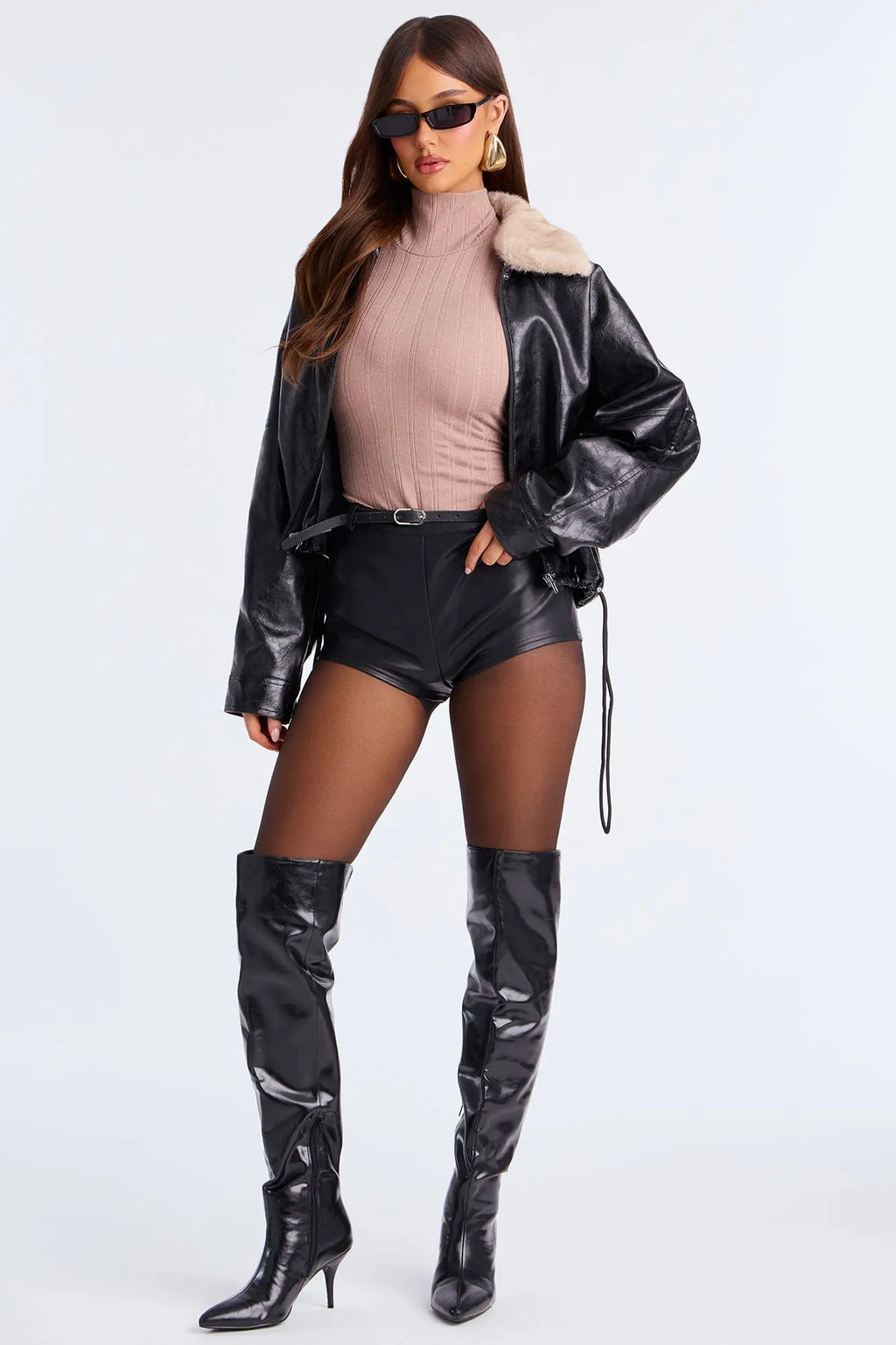 City Nights Faux Leather Bomber Jacket - Black/combo 