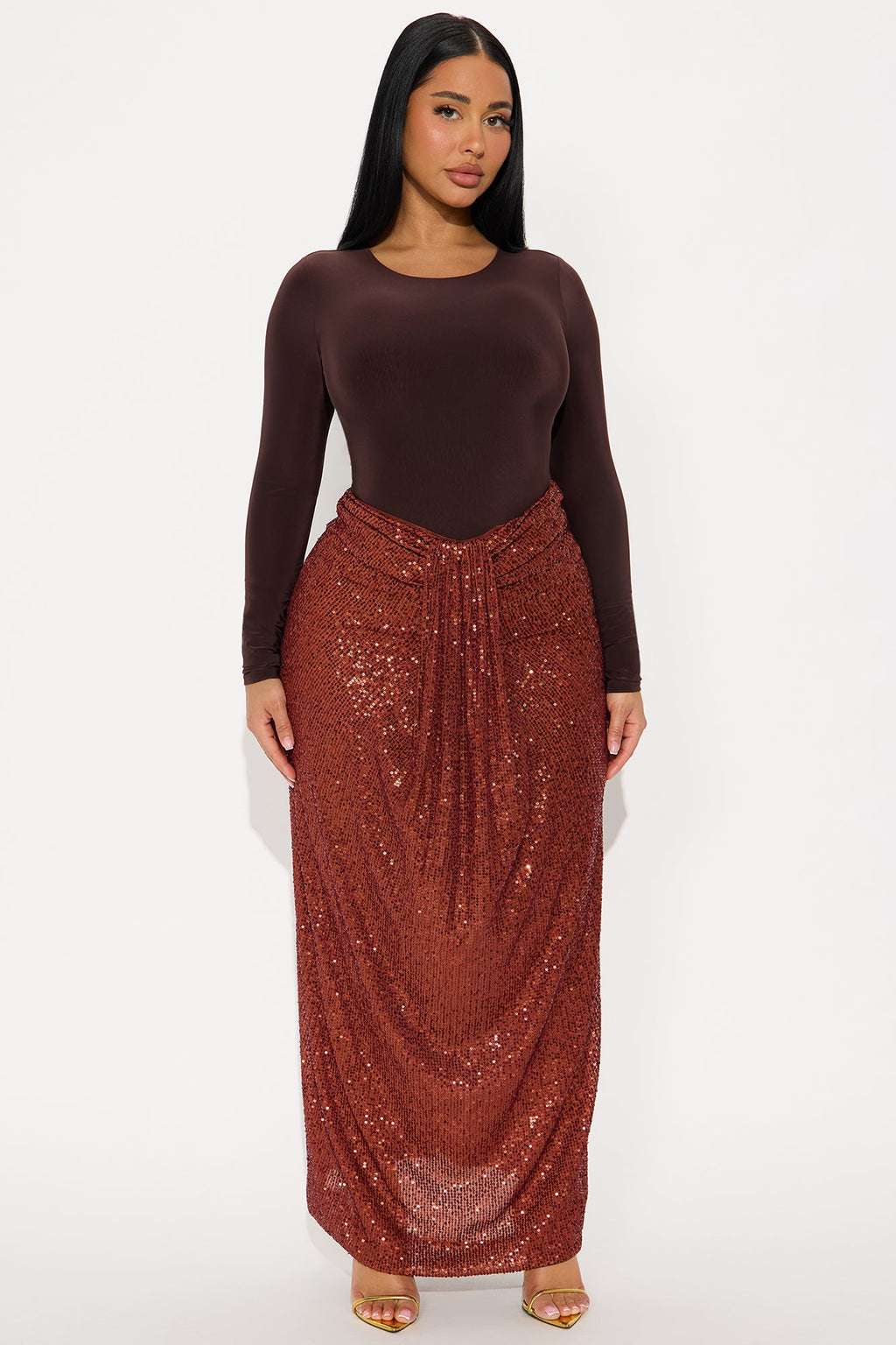 Party Time Sequin Drape Maxi Skirt - Rust 