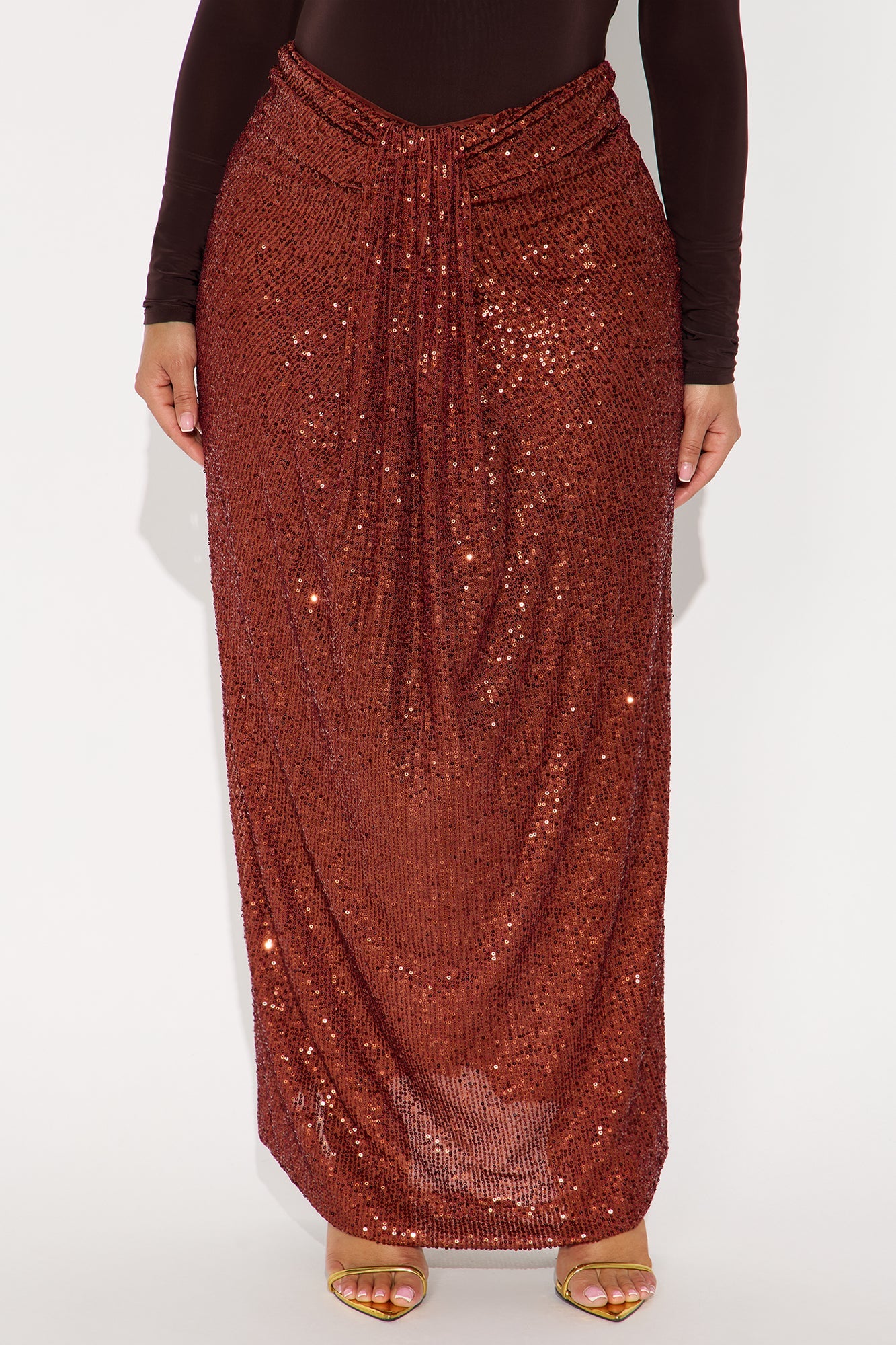 Party Time Sequin Drape Maxi Skirt - Rust 