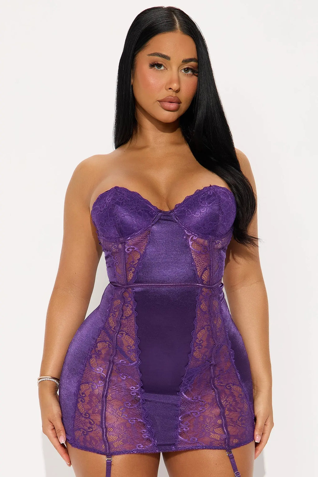 Camellia Mesh Lace Corset Chemise With Garters - Purple 