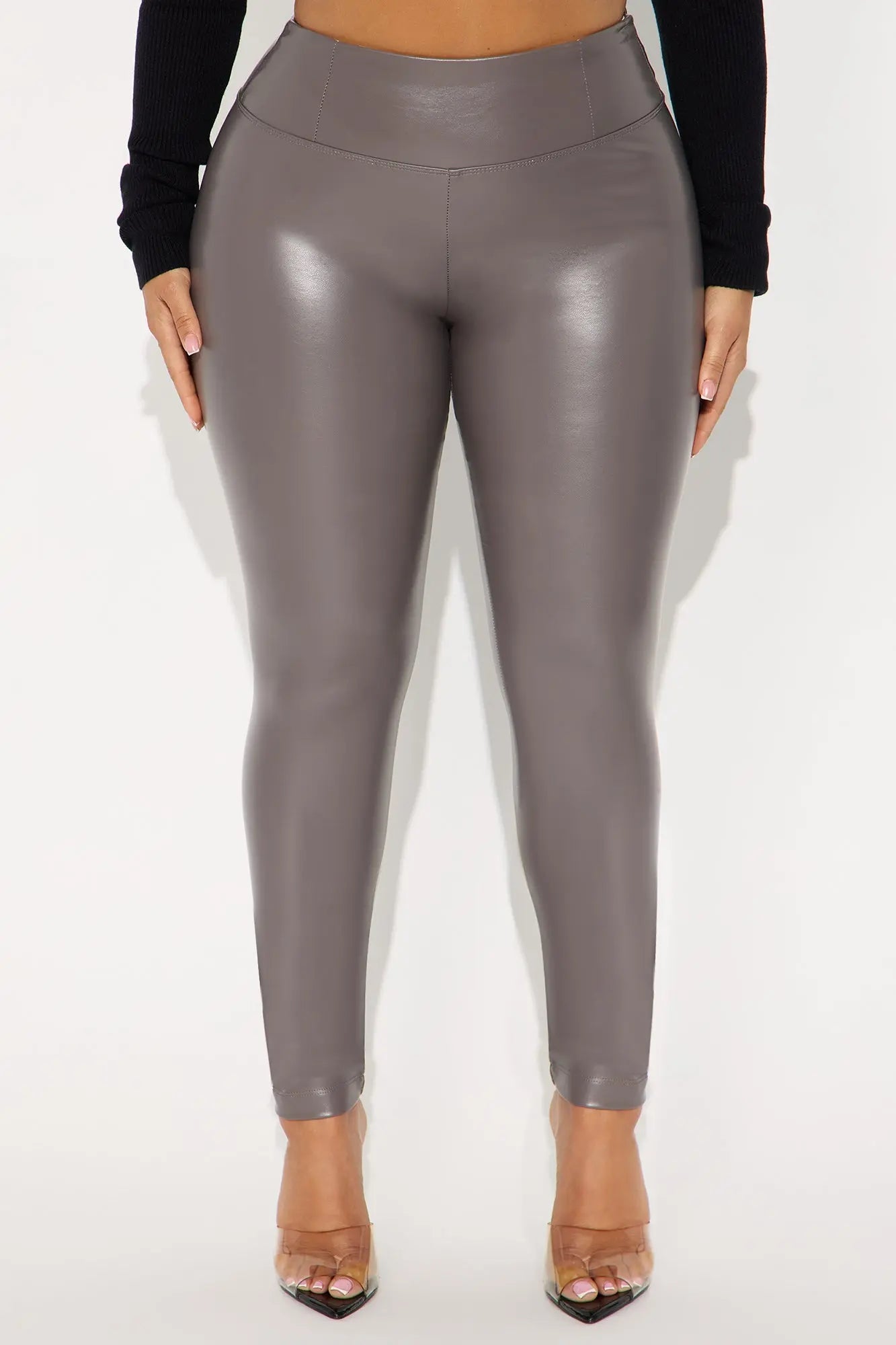 Faux Leather Tummy Tuck Leggings - Charcoal 