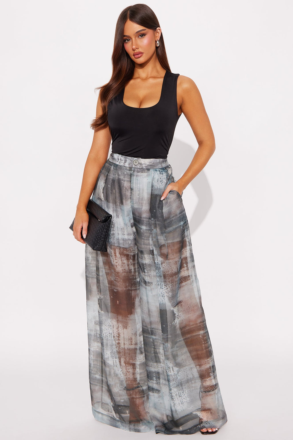 Hollie Wide Leg Abstract Print Organza Pant - Grey/combo 