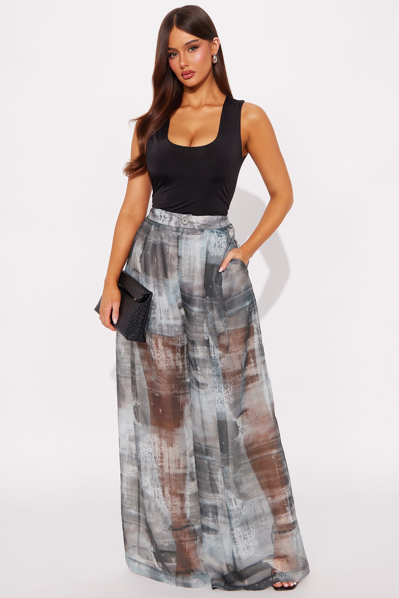 Hollie Wide Leg Abstract Print Organza Pant - Grey/combo 