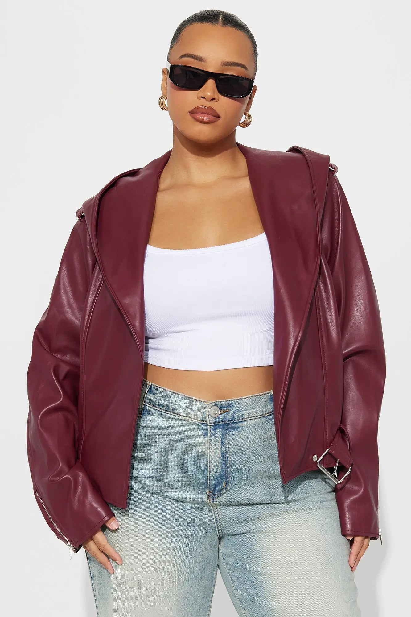 Rebel Hooded Faux Leather Moto Jacket - Burgundy 