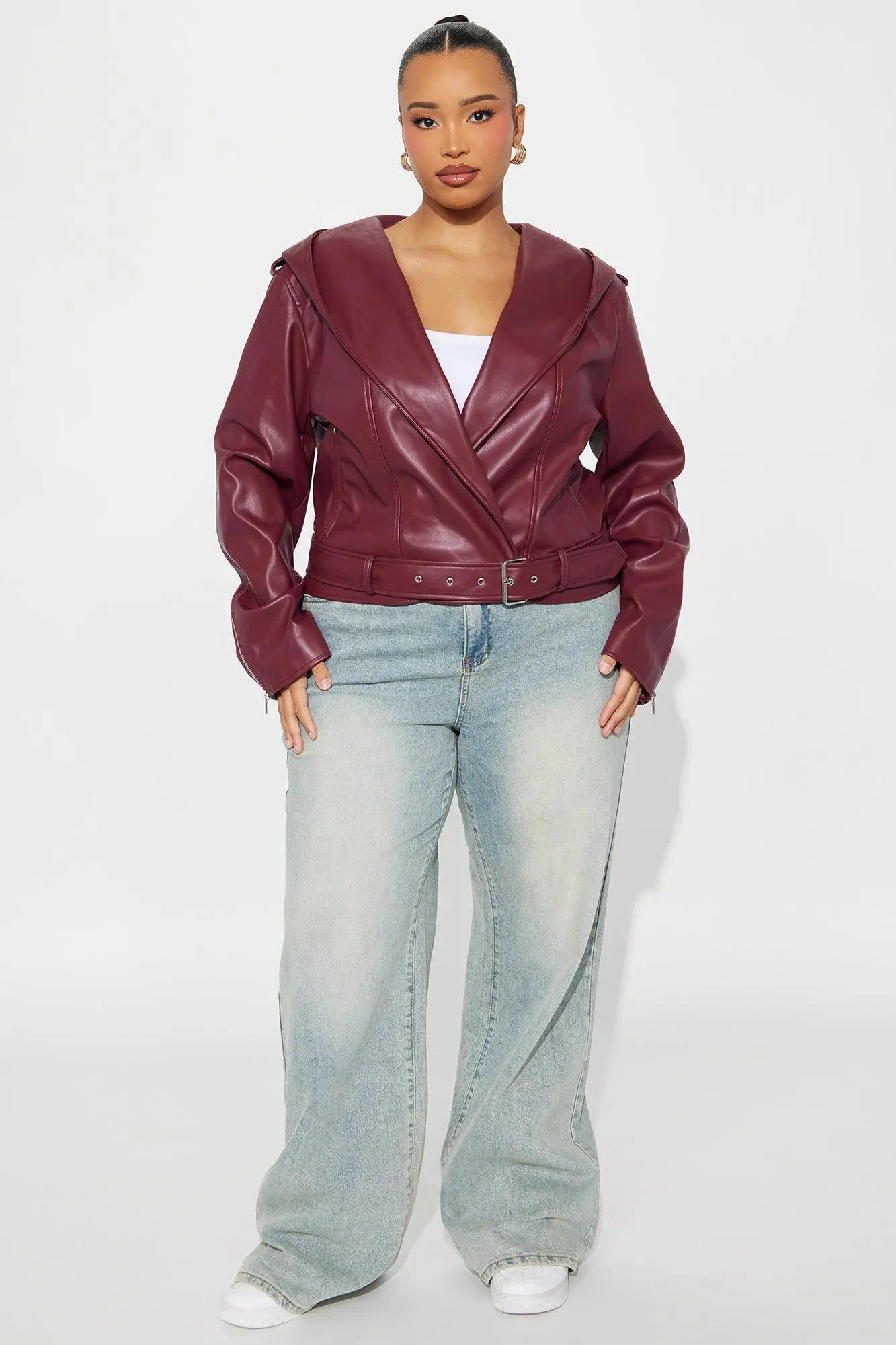 Rebel Hooded Faux Leather Moto Jacket - Burgundy 