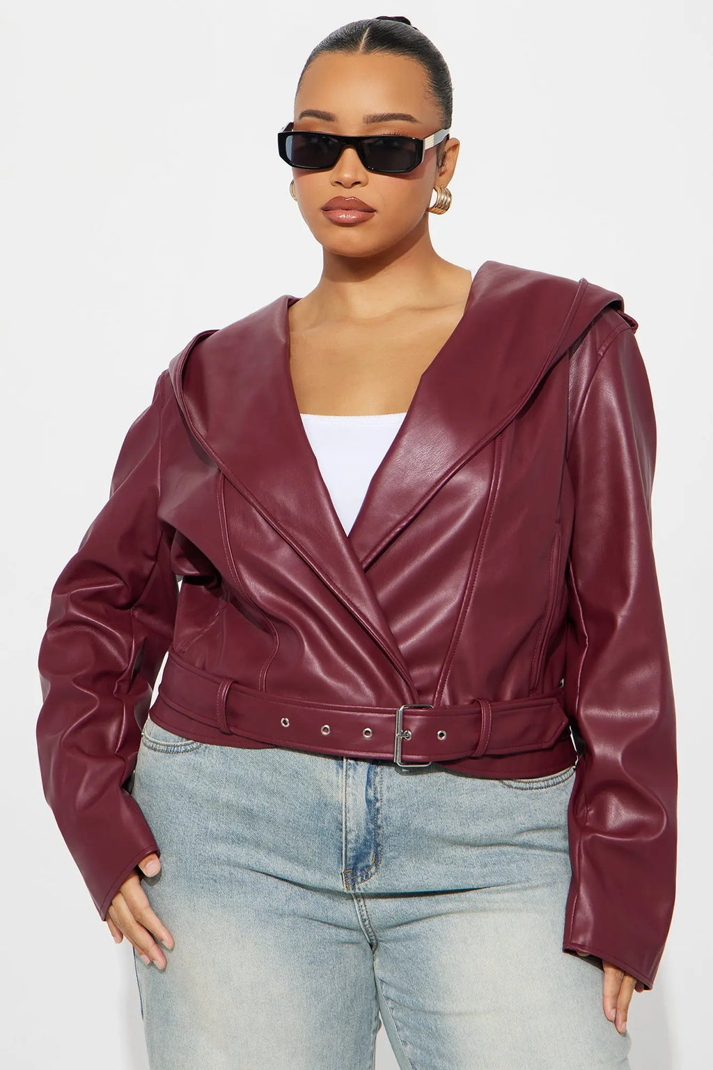 Rebel Hooded Faux Leather Moto Jacket - Burgundy 