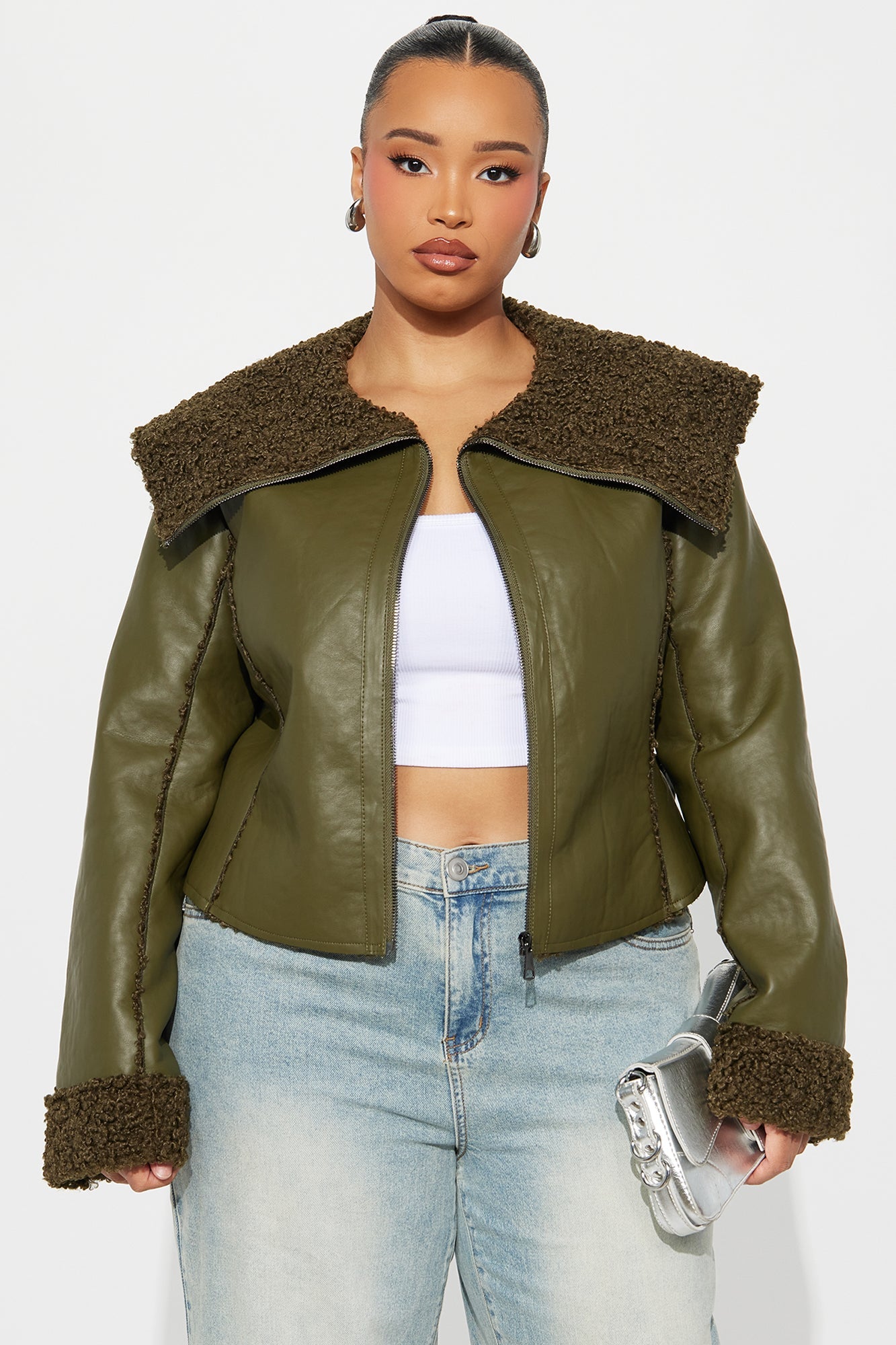 Paloma Faux Leather Sherpa Lined Coat - Olive 