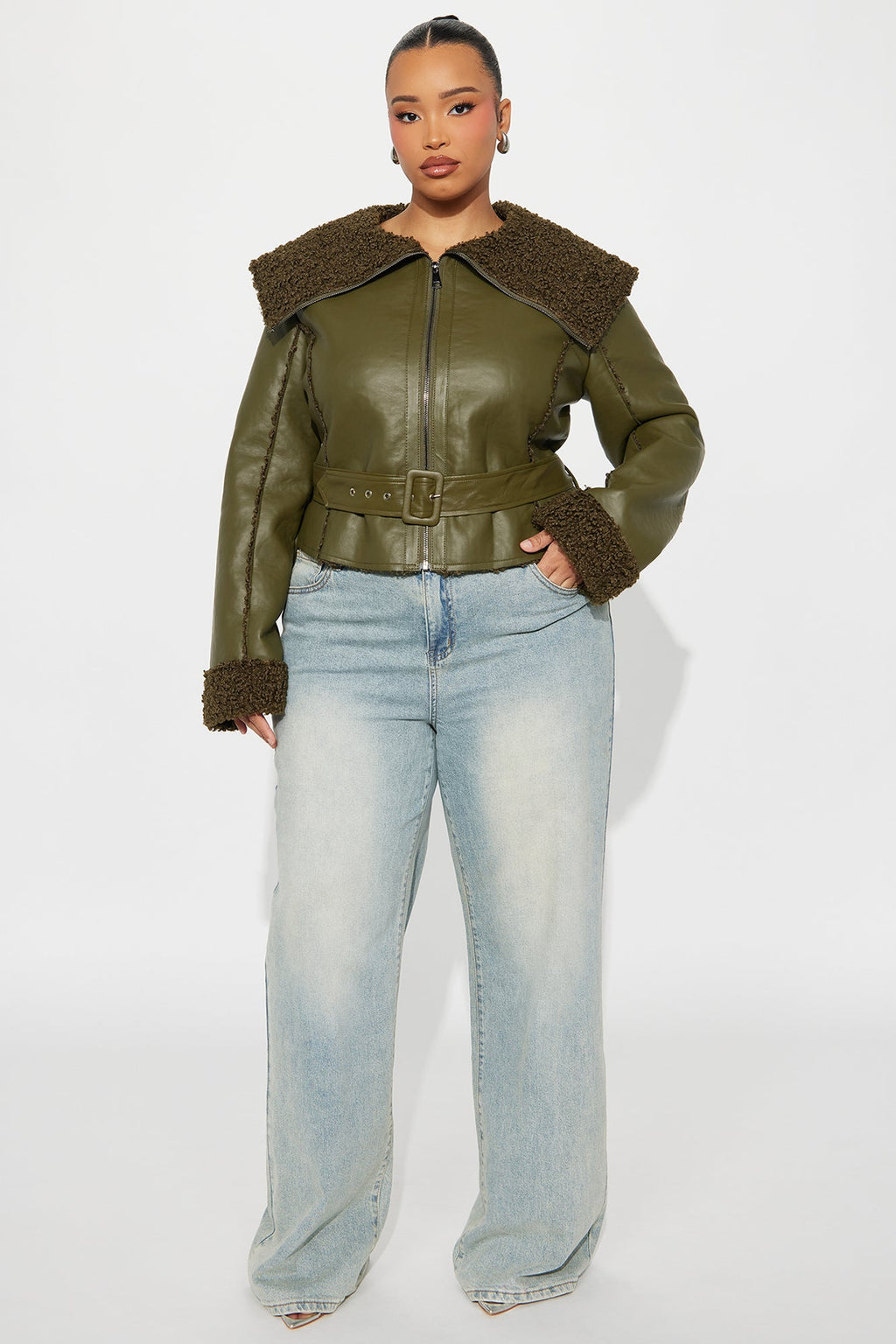 Paloma Faux Leather Sherpa Lined Coat - Olive 
