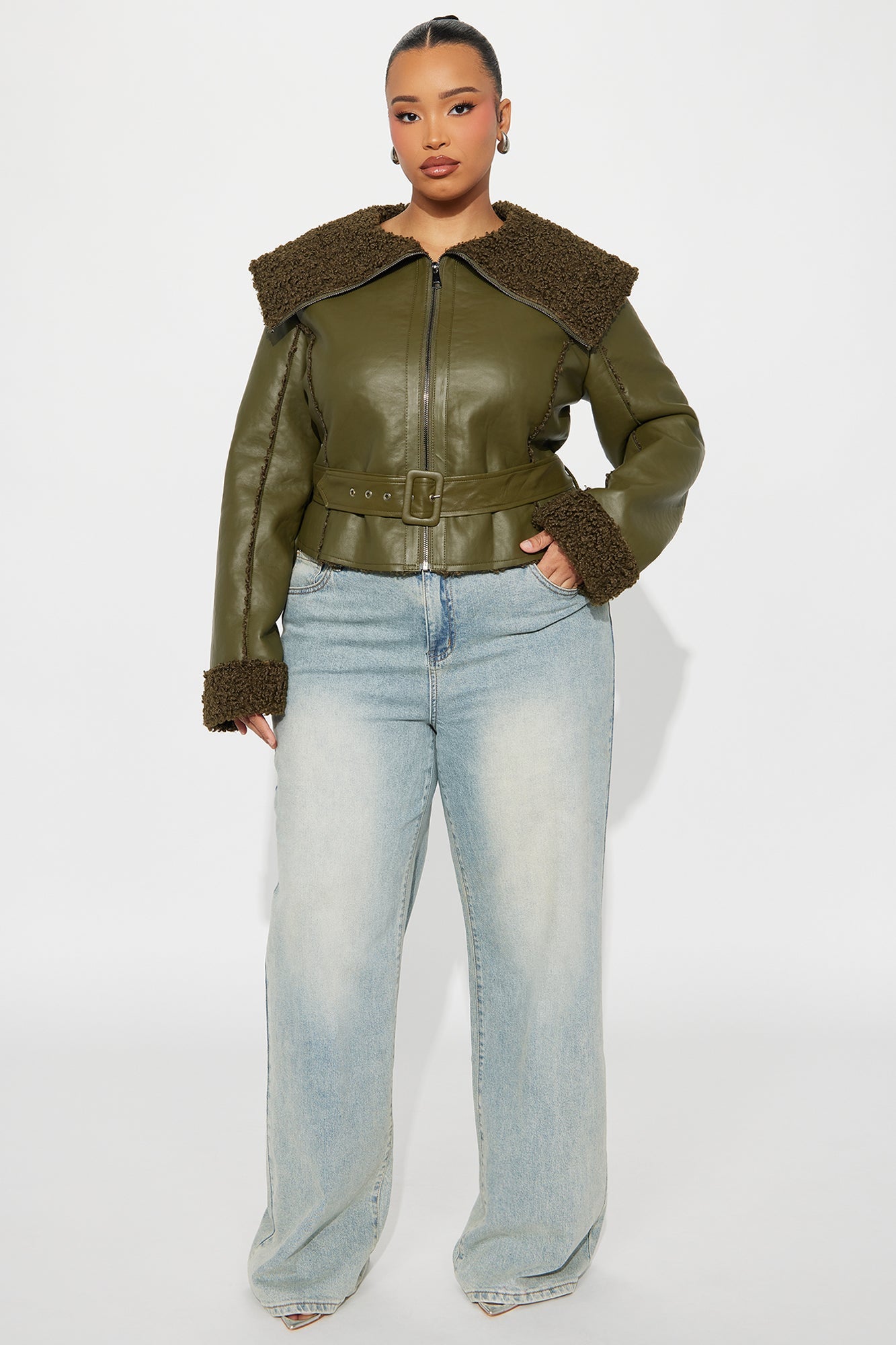 Paloma Faux Leather Sherpa Lined Coat - Olive 