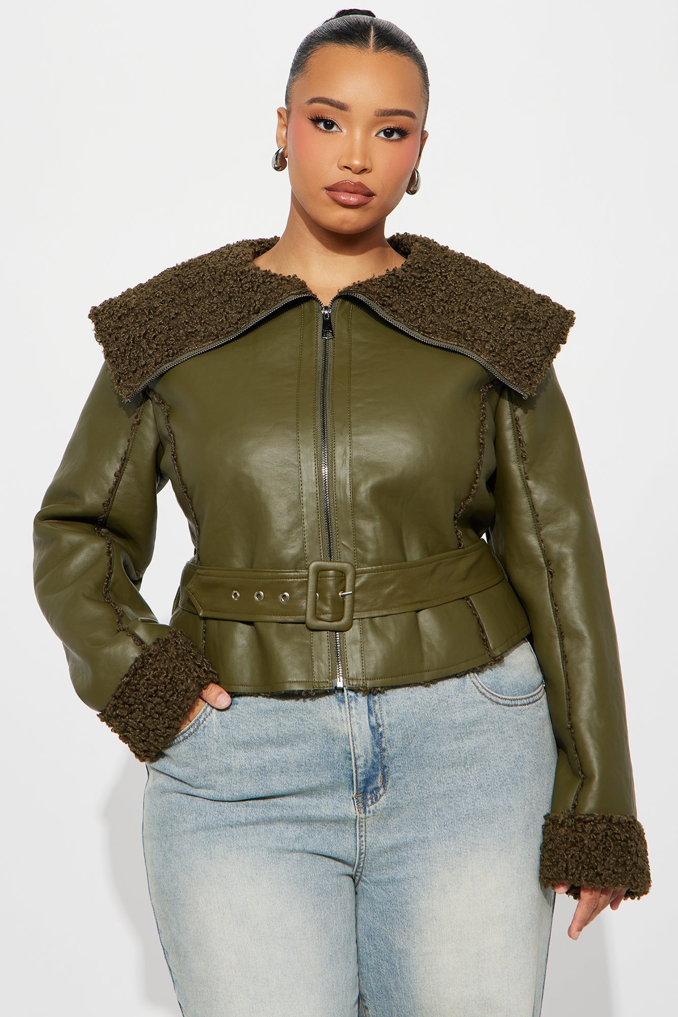 Paloma Faux Leather Sherpa Lined Coat - Olive 