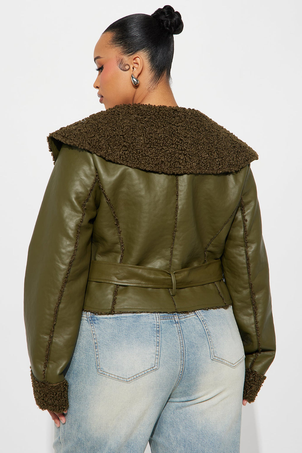 Paloma Faux Leather Sherpa Lined Coat - Olive 