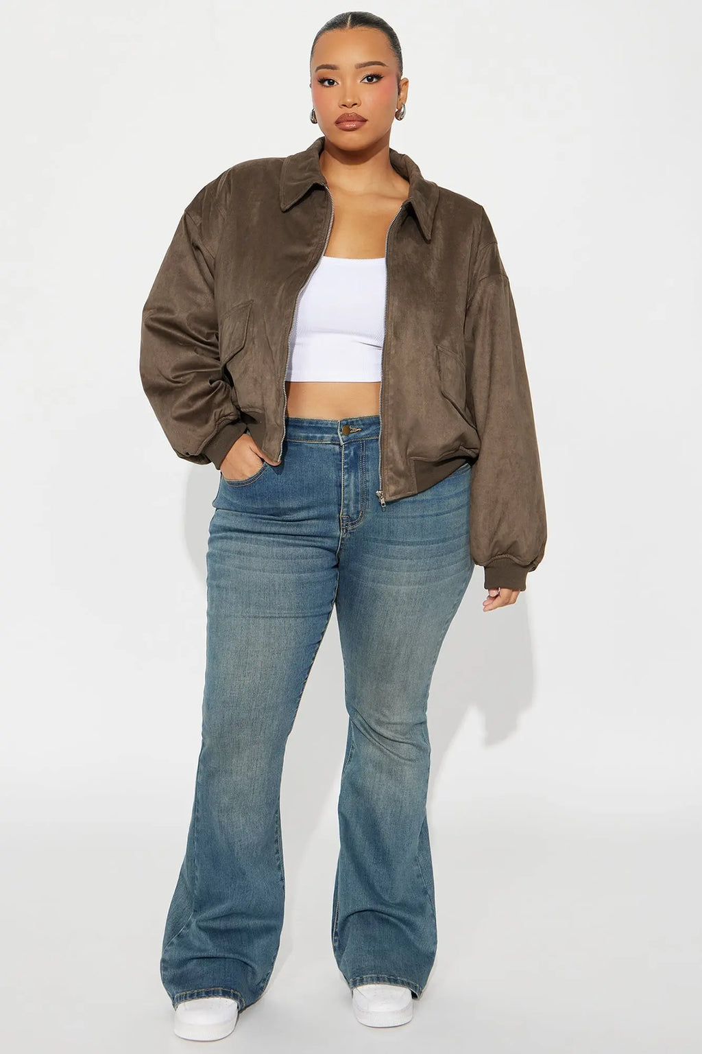 Jessica Cropped Faux Suede Bomber Jacket - Olive 