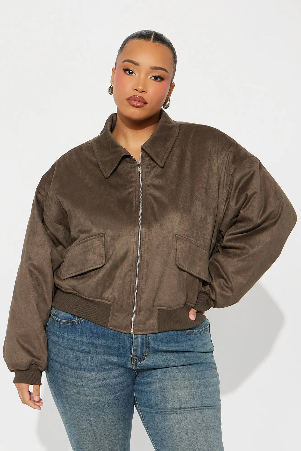 Jessica Cropped Faux Suede Bomber Jacket - Olive 