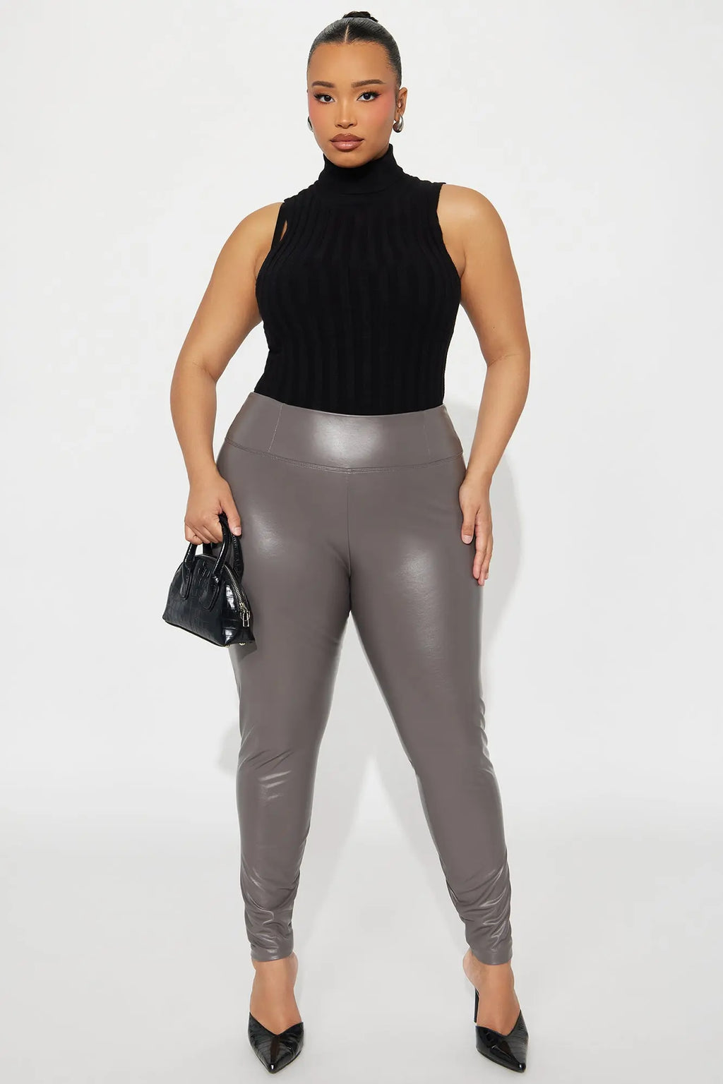 Faux Leather Tummy Tuck Leggings - Charcoal 