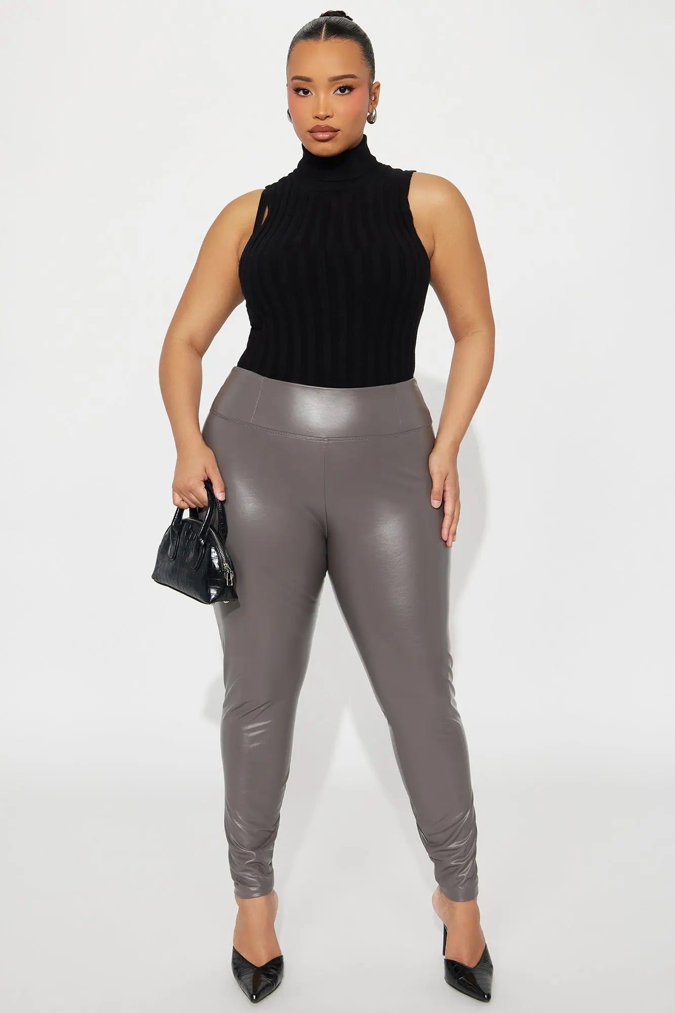 Faux Leather Tummy Tuck Leggings - Charcoal 