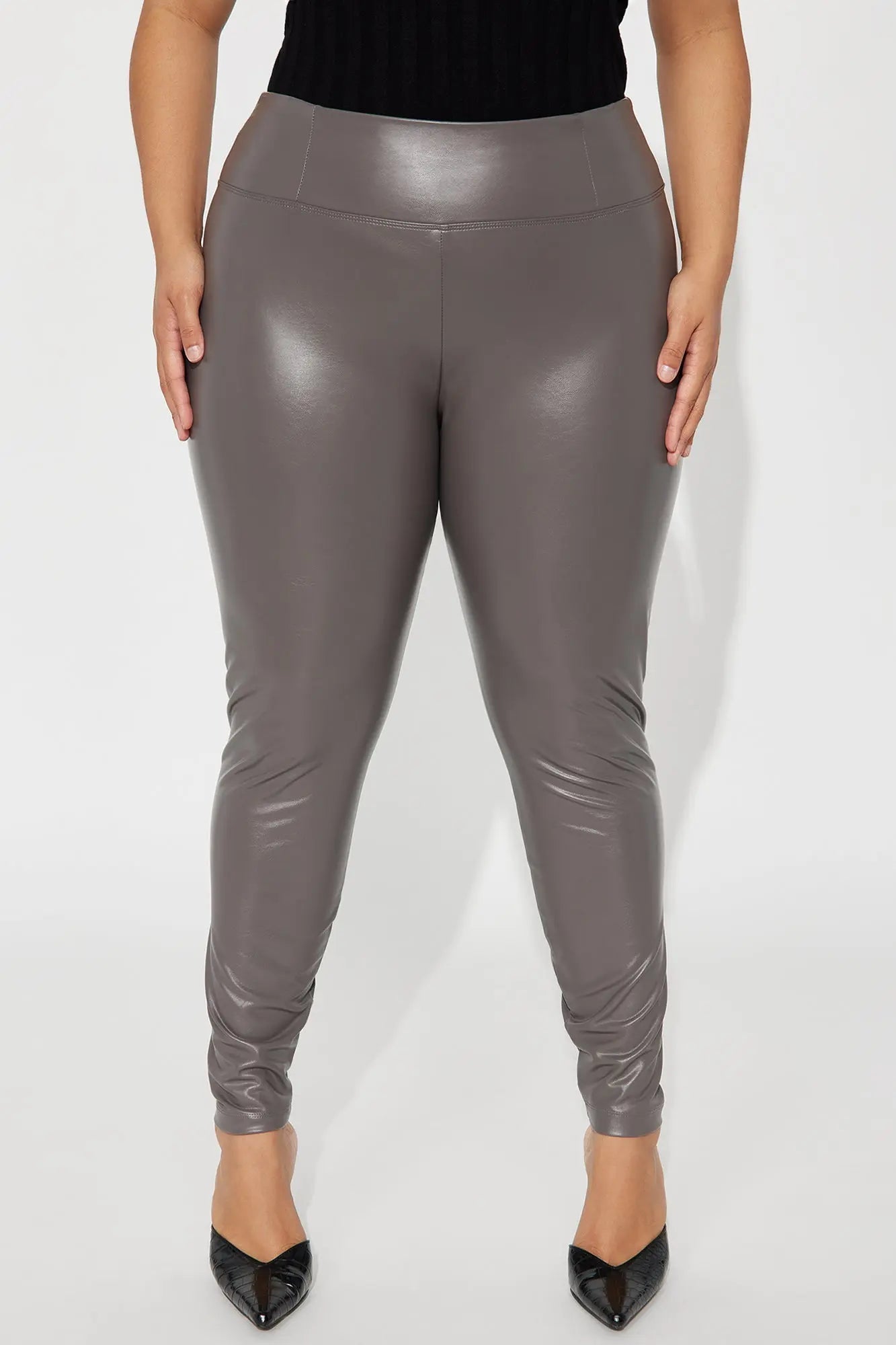 Faux Leather Tummy Tuck Leggings - Charcoal 
