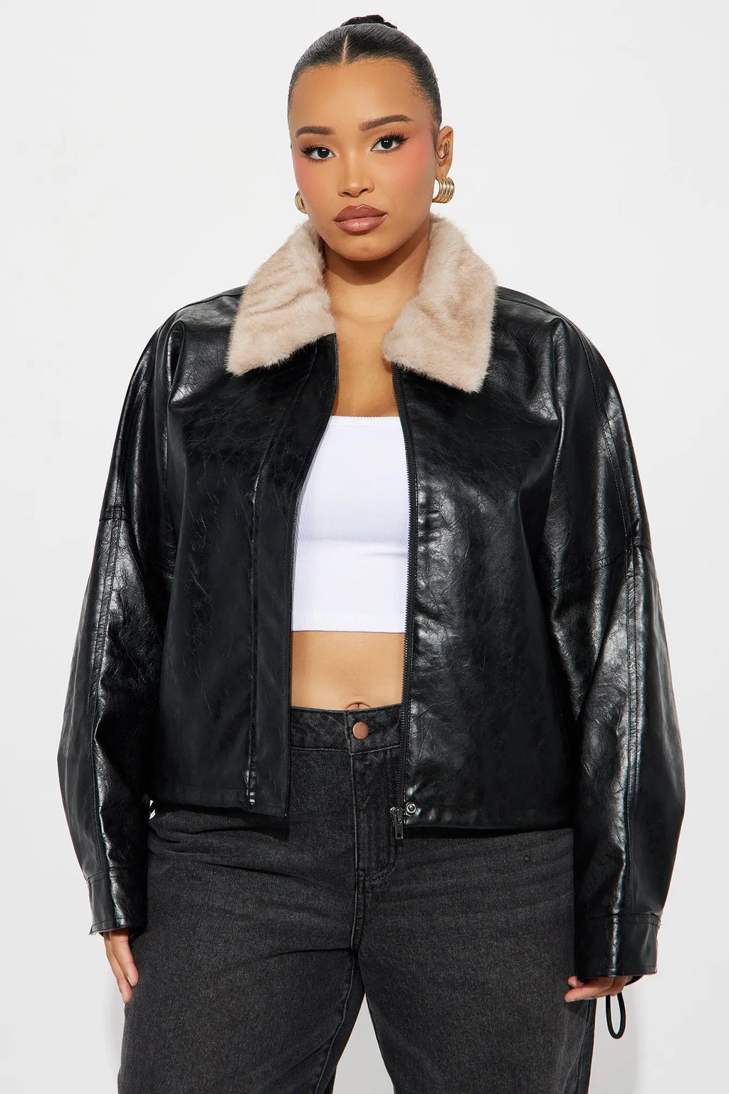 City Nights Faux Leather Bomber Jacket - Black/combo 