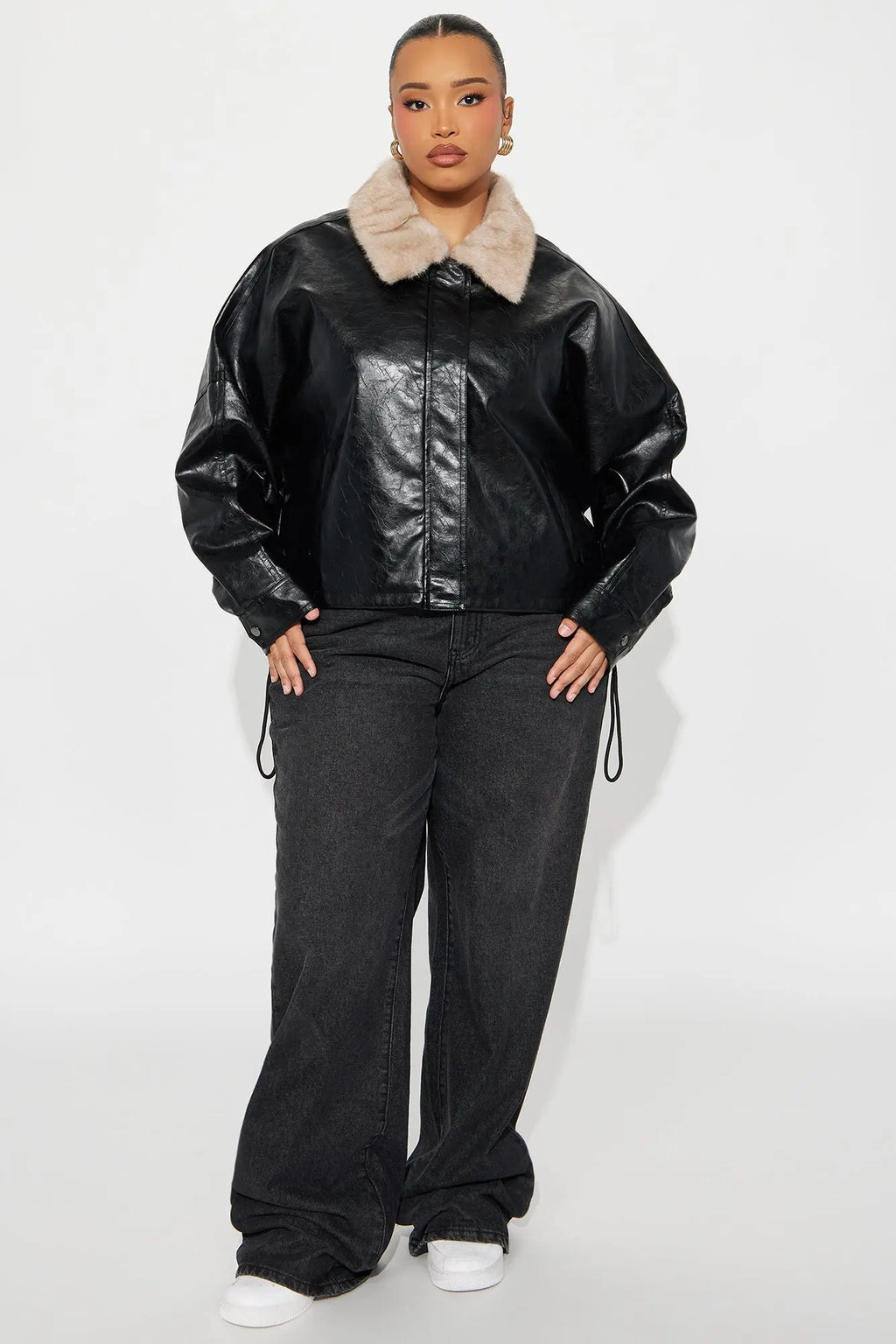 City Nights Faux Leather Bomber Jacket - Black/combo 