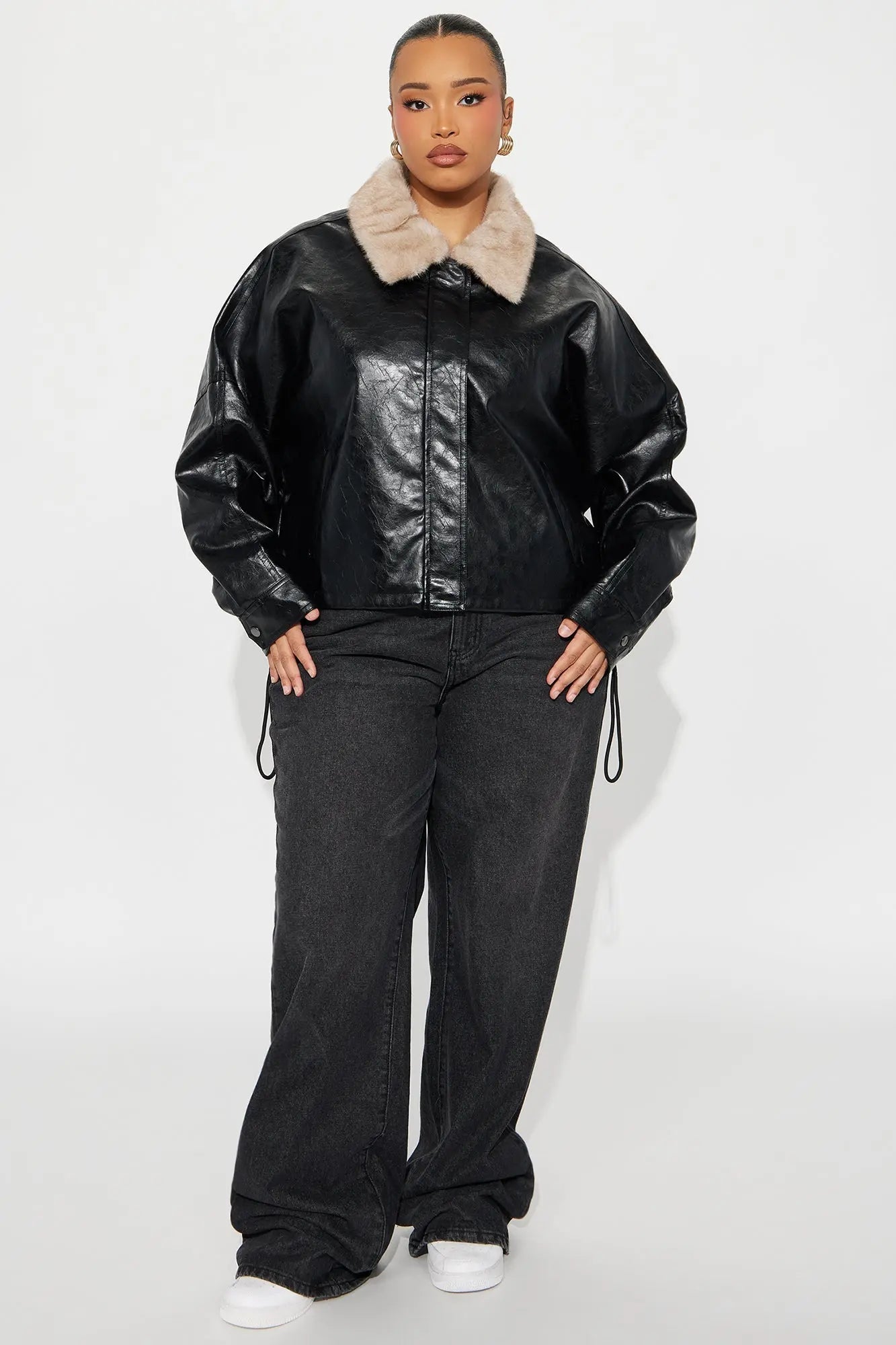 City Nights Faux Leather Bomber Jacket - Black/combo 