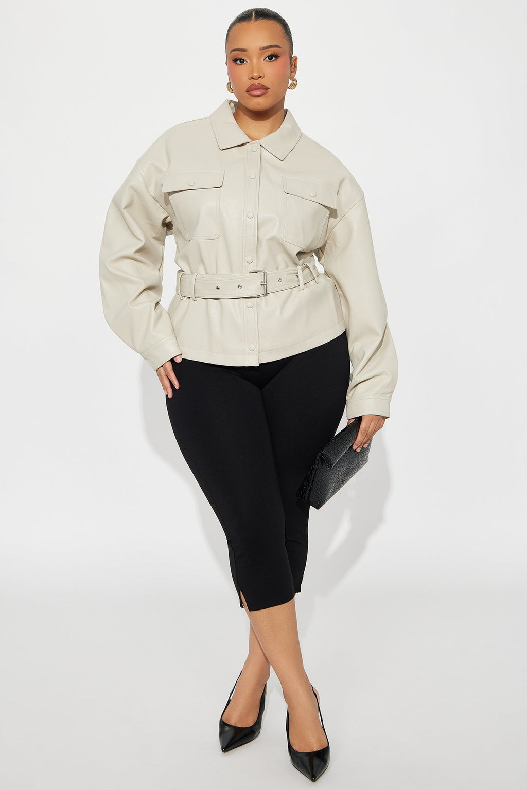Melanie Belted Faux Leather Jacket - Stone 