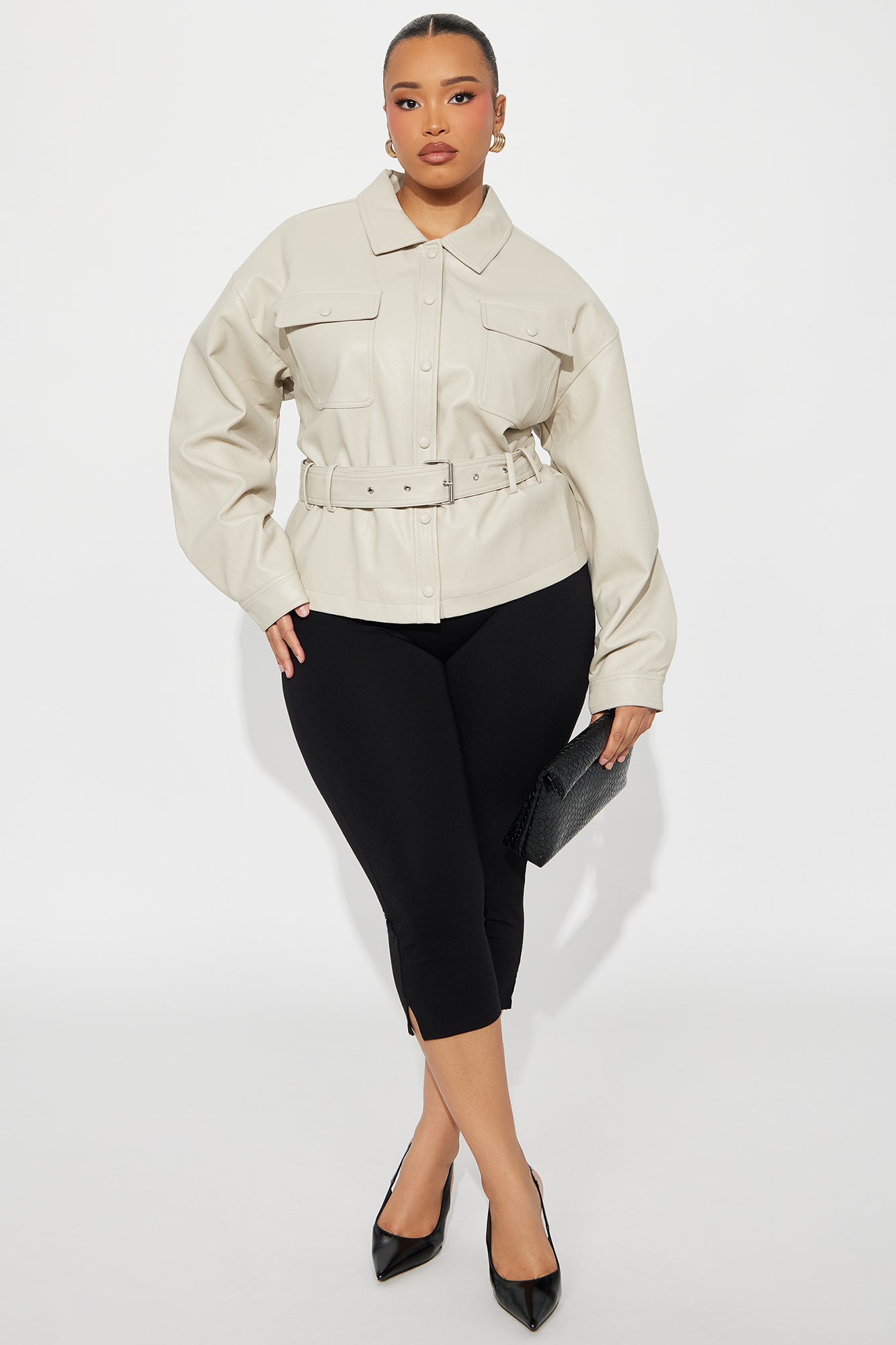 Melanie Belted Faux Leather Jacket - Stone 