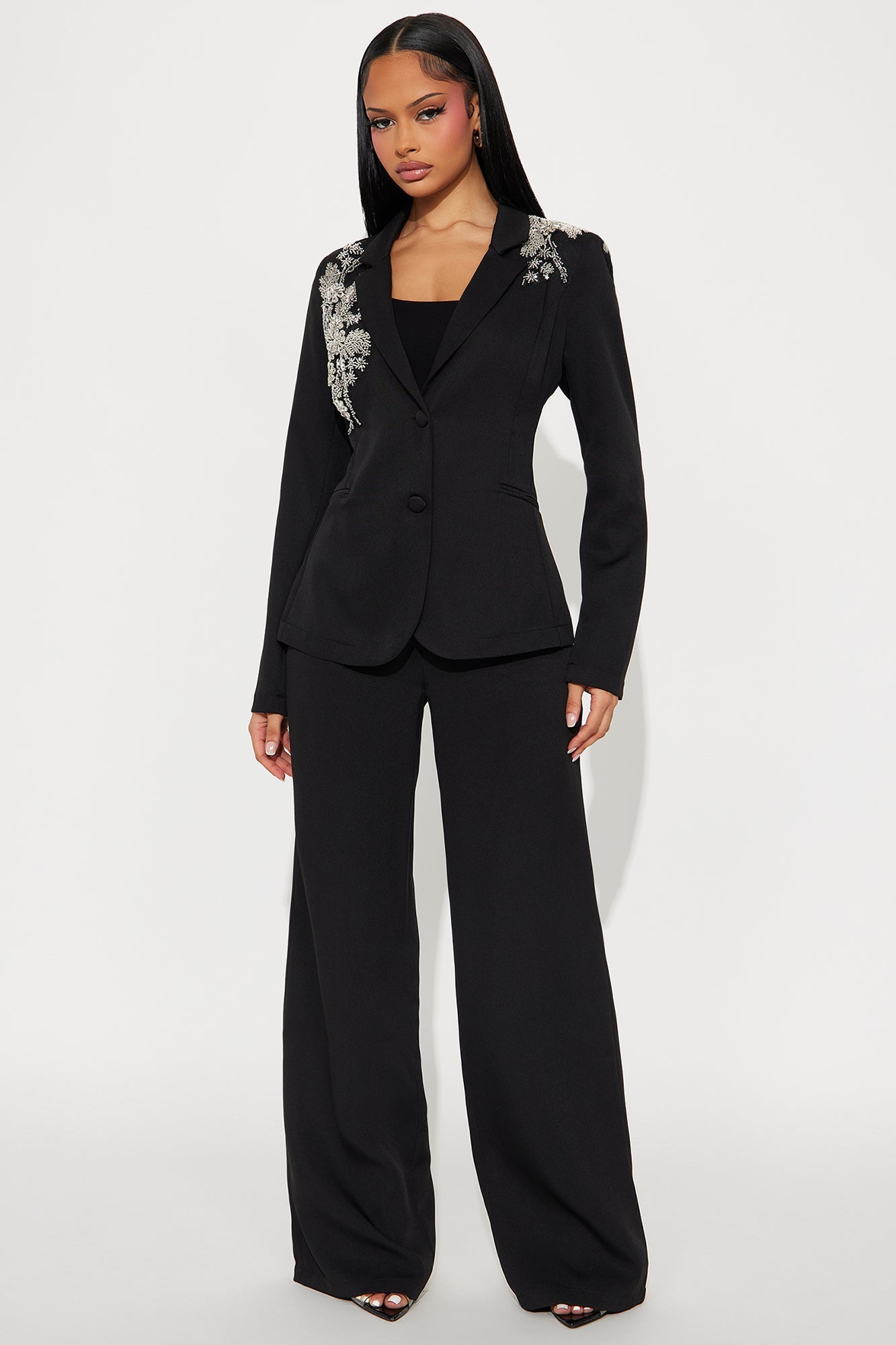 Addison Embellished Blazer Pant Set - Black 
