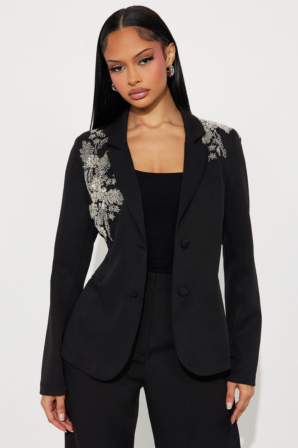 Addison Embellished Blazer Pant Set - Black 