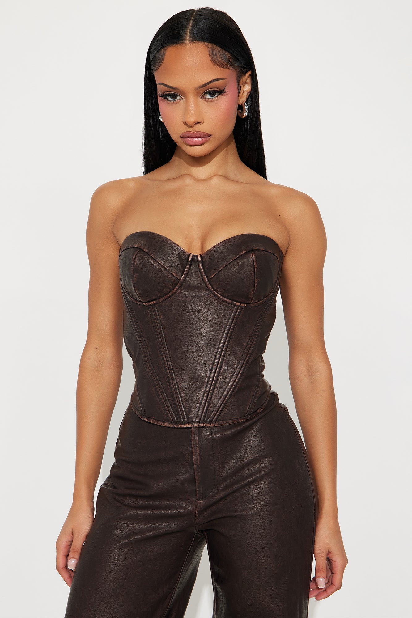 Jolie Washed Faux Leather Pant Set - Chocolate