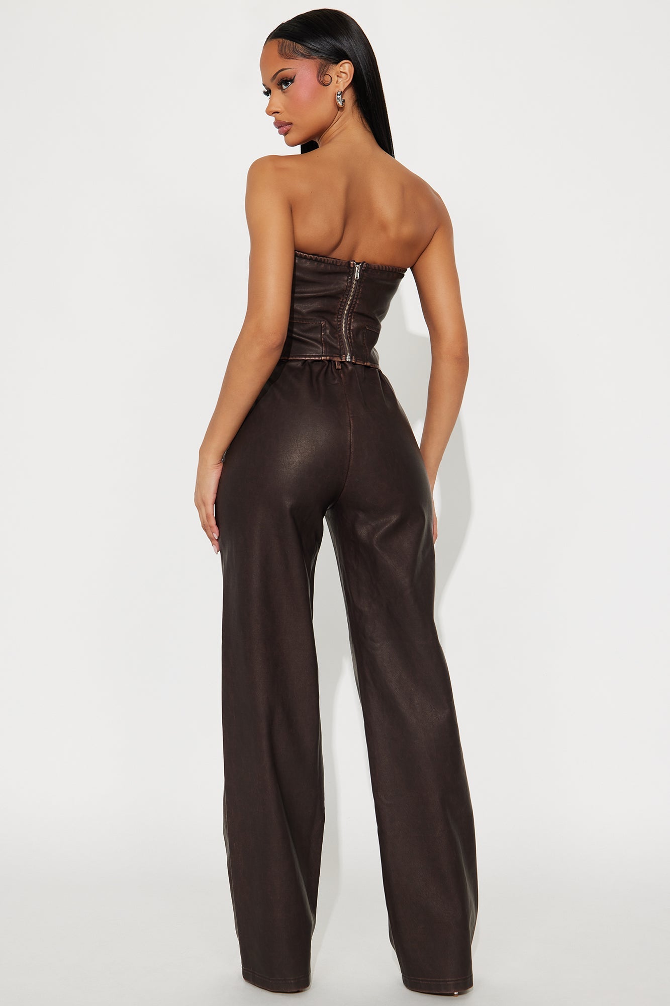 Jolie Washed Faux Leather Pant Set - Chocolate