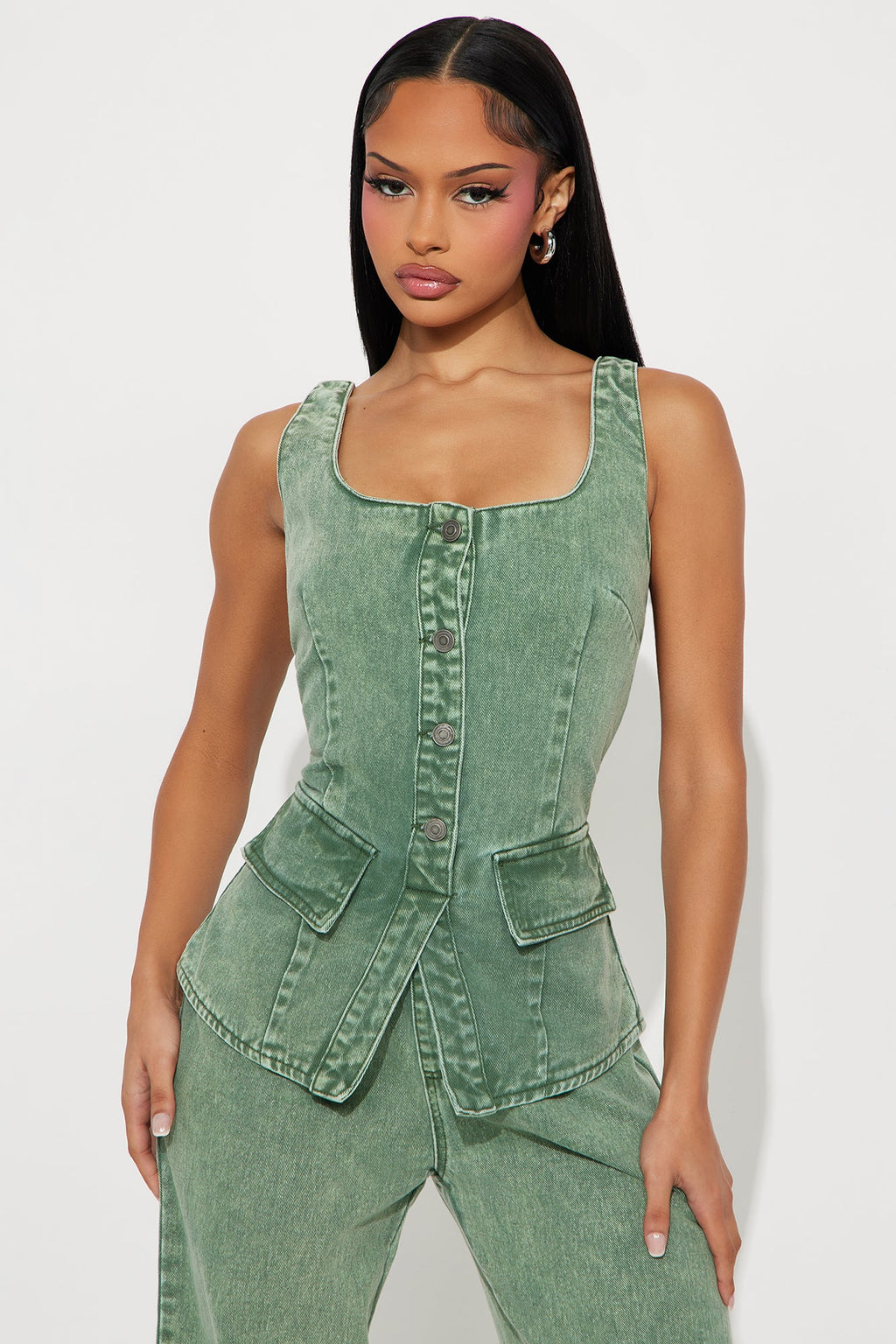 Solana Washed Denim Wide Leg Jumpsuit - Olive